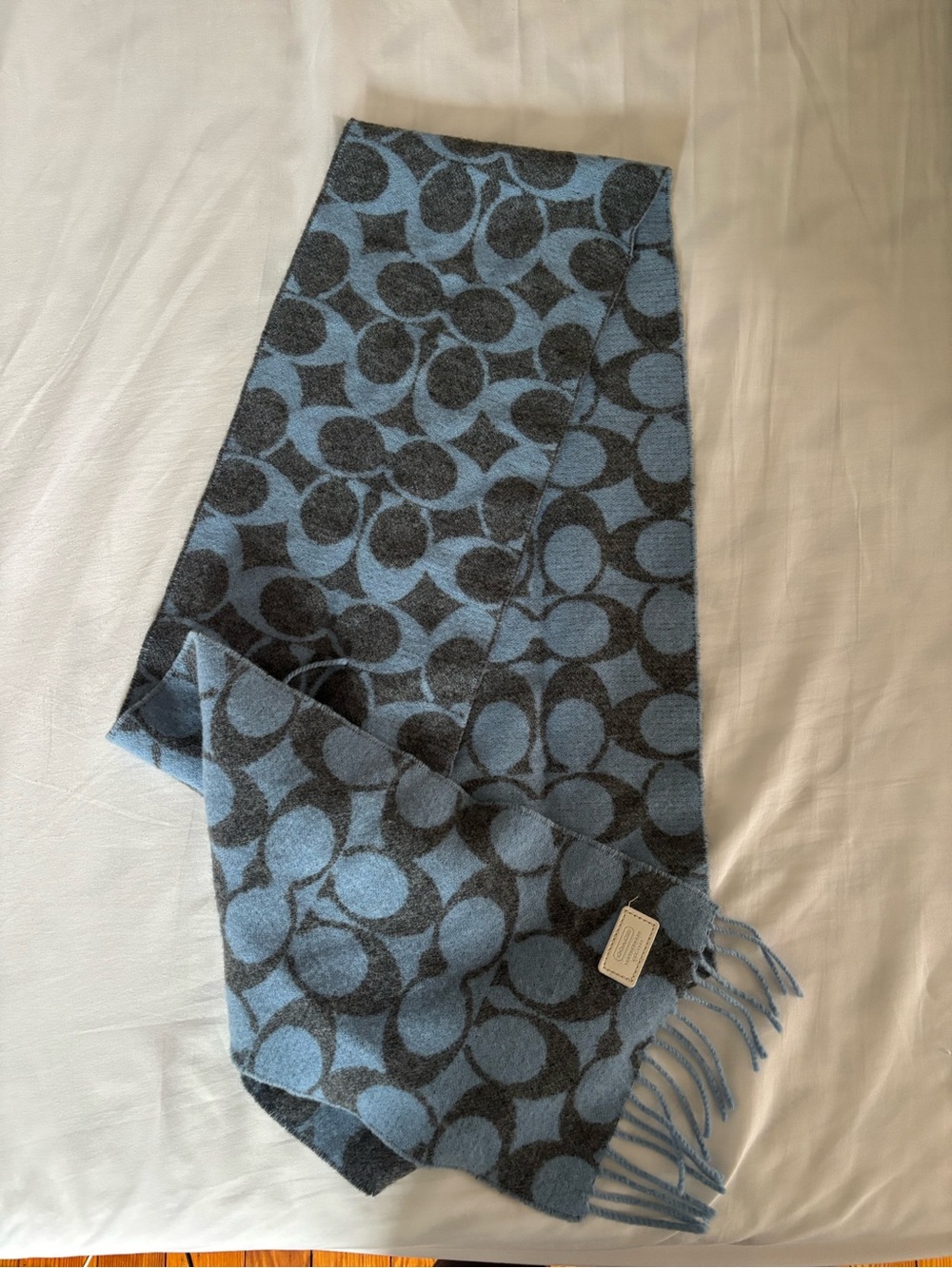 Coach Blue and Grey Logo Signature C Wool Scarf